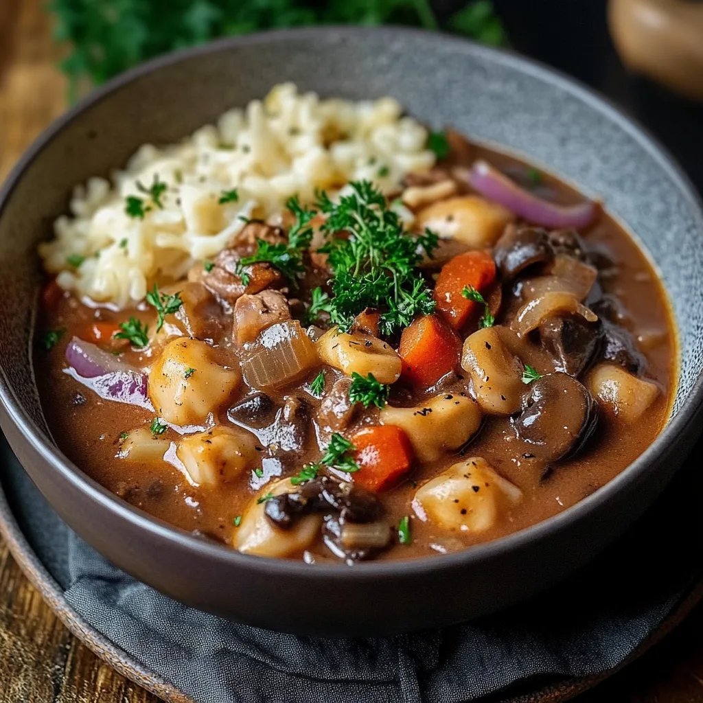 Herzhaftes Pilz-Maronen Ragout mit Ofenknödeln und Rotkraut