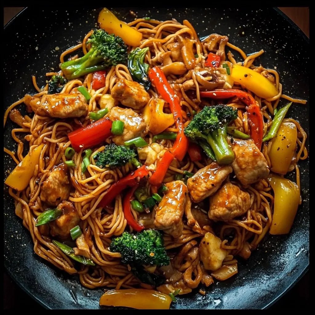 Chinesisch gebratene Nudeln mit Hühnchenfleisch, Ei und Gemüse