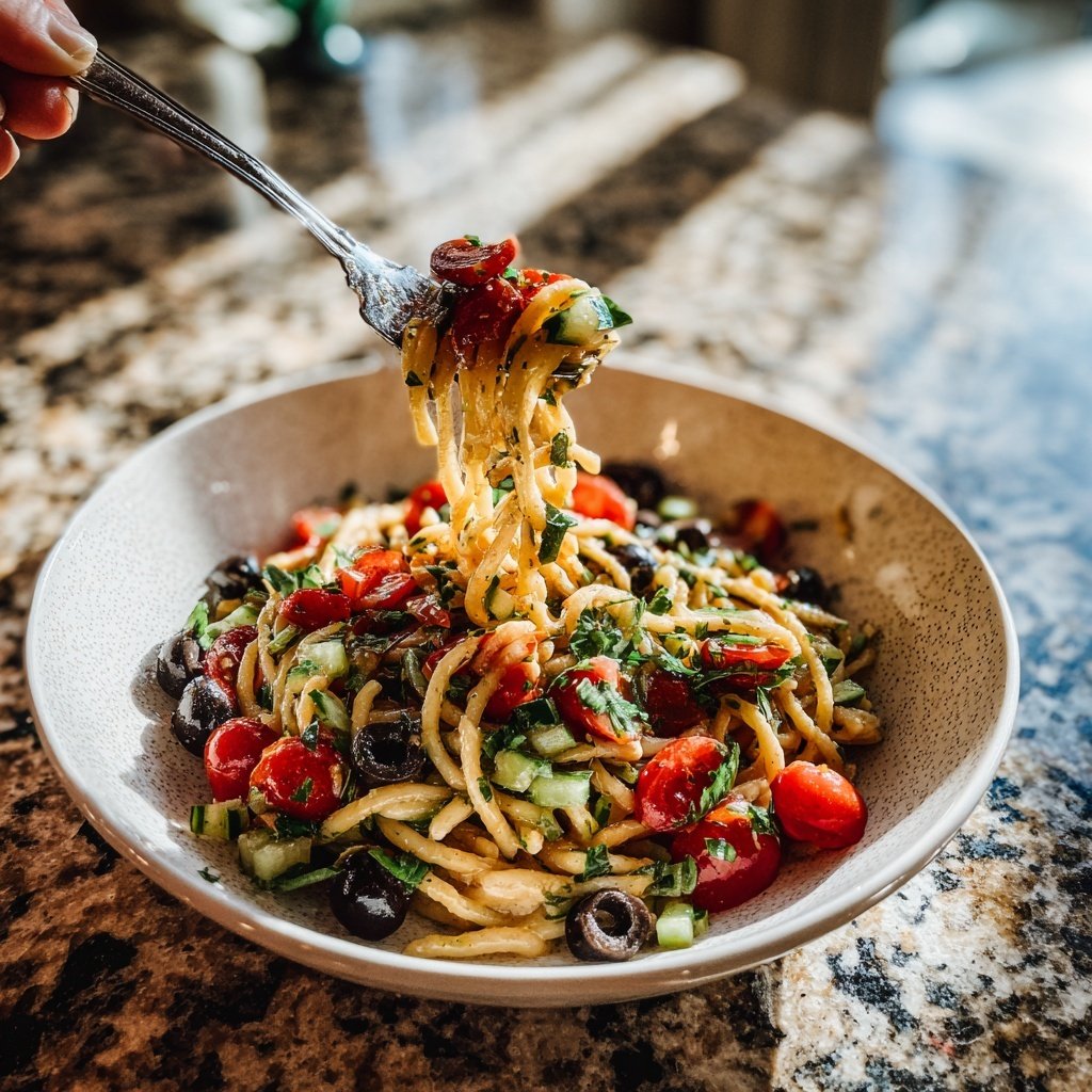 Mediterraner Nudelsalat Mit Gurkenwürfeln