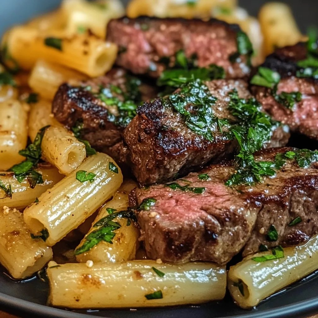 Knoblauchbutter-Steakspitzen mit käsigen Rigatoni